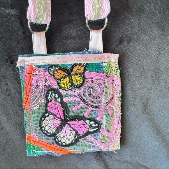 Fabric Collage Wallet Hand Crafted Pink and Black Butterfly Bag Purse Necklace - Picture 2 of 10